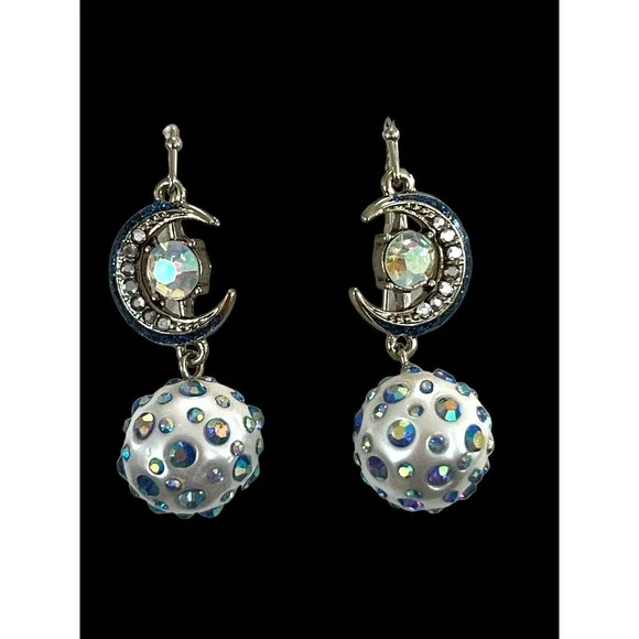 Signed Betsey Johnson Celestial Moon Blue Aurora Borealis Rhinestone Earrings - Picture 6 of 8